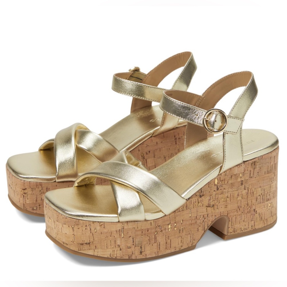 Bernardo NIB Metallic Crisscross Cork Weston Platform Sandals in Champagne